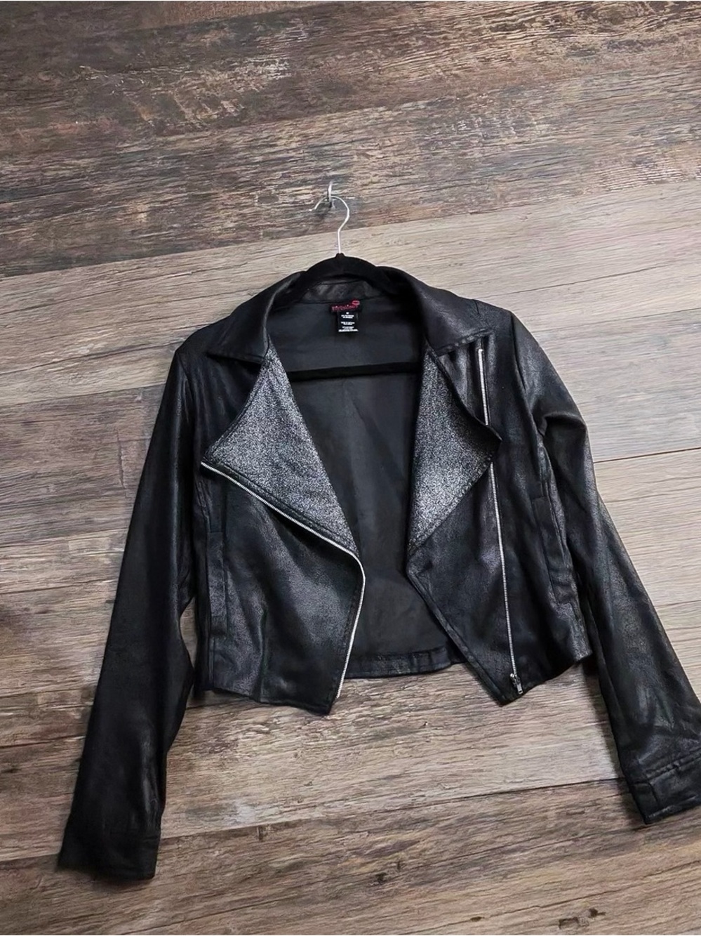 Flirtatious Cropped Black Faux Leather Moto Jacket with Silver Zip